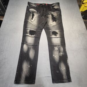 Makobi Jeans Mens 42x32 Black‎ Straight Leg Moto Distressed Denim